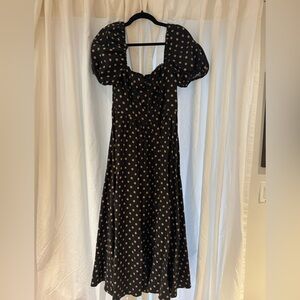 Reformation Black Midi Dress with Tan Polka Dots